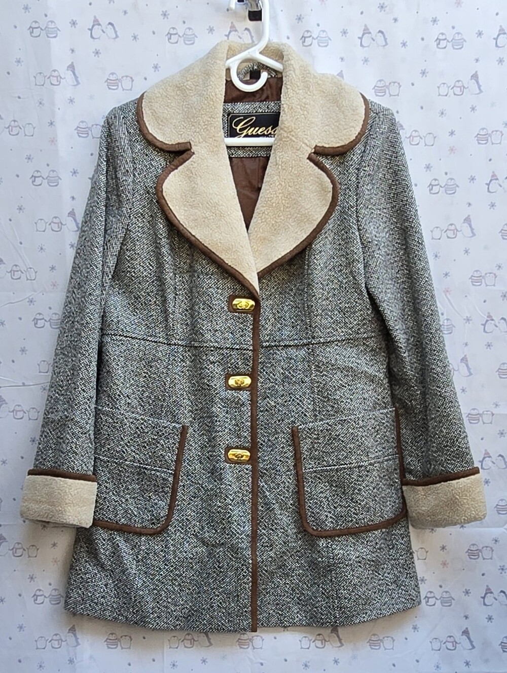 Guess Gray Tweed Pea Coat with Cream Faux-Shearling Collar. L